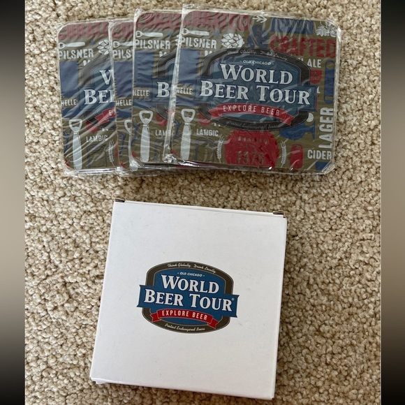 NIP OLD CHICAGO Pizza & Taproom WORLD BEER TOUR Box of 4 Drink Mats Coasters - Picture 1 of 3